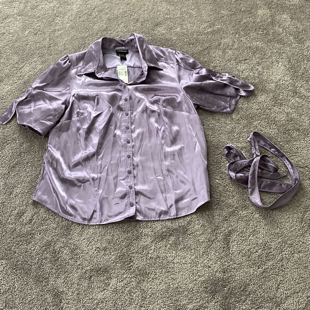 Lane Bryant Purple Satin Sleep Shirt Size 14/16 Button Front Nightwear Tie Waist